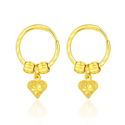 999 Real 24k Yellow Gold Heart Hoop Earrings 4.99g